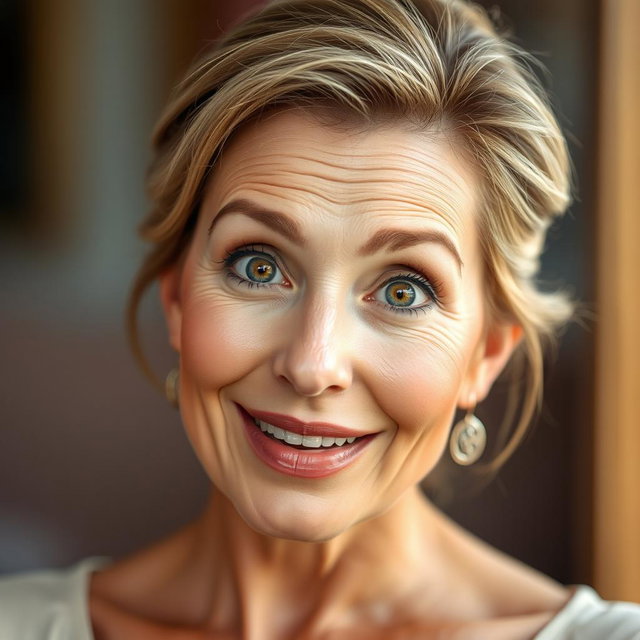A stunning 50-year-old woman with a surprised expression, looking directly at the camera