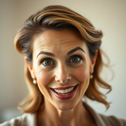 A stunning 50-year-old woman with a surprised expression, looking directly at the camera