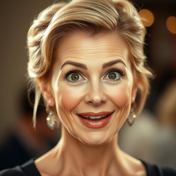 A stunning 50-year-old woman with a surprised expression, looking directly at the camera