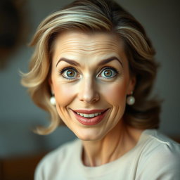 A stunning 50-year-old woman with a surprised expression, looking directly at the camera