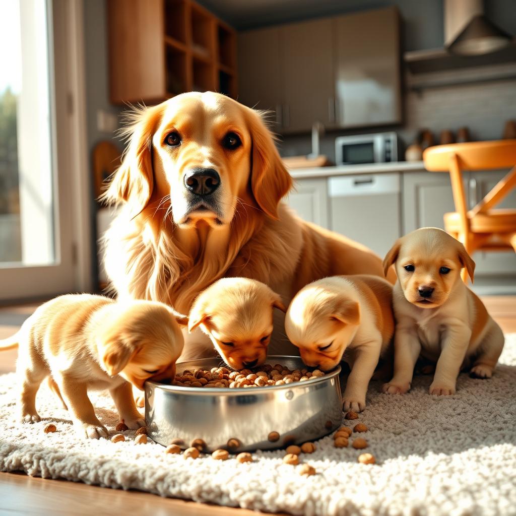 A heartwarming scene of a loving family dog, a beautiful golden-coated retriever with kind, expressive eyes, sitting protectively beside her adorable puppies