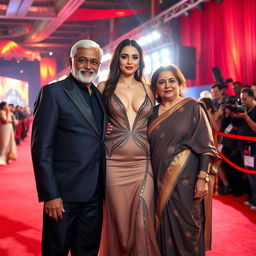 A glamorous scene at a Bollywood premiere featuring a sexy Bollywood actress in a stunningly revealing dress that accentuates her big boobs and cleavage
