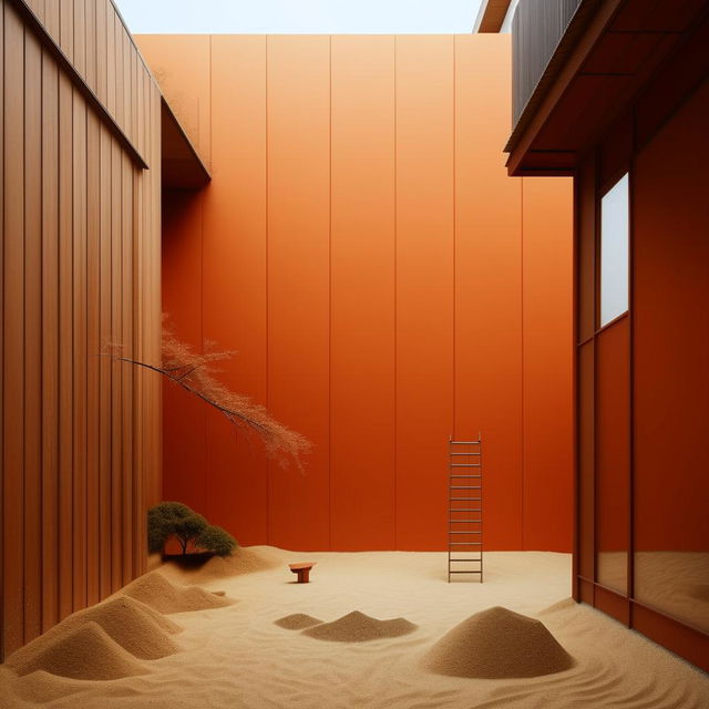 An ultra-detailed photograph showcasing the architecture of a Japandi minimalist wall, complete with a small sand area, a meticulously placed painting, a ladder and a rake.