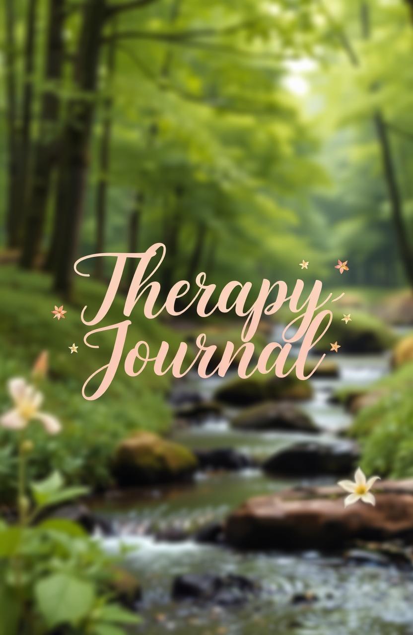 A beautifully arranged therapy journal cover featuring a serene landscape that showcases a peaceful forest with lush green trees and a gentle stream flowing through