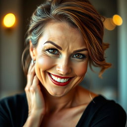 A stunning 50-year-old woman with a playful and sultry expression, looking directly at the camera