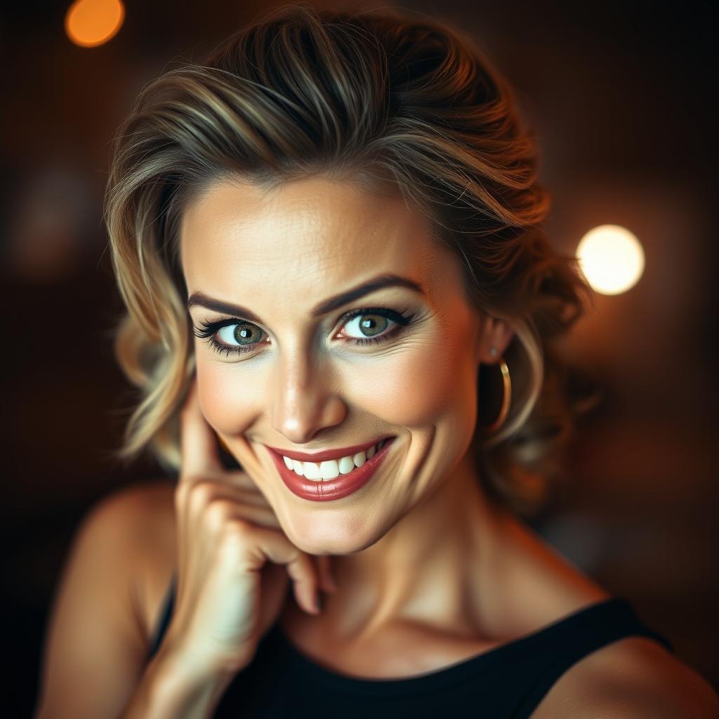 A stunning 50-year-old woman with a playful and sultry expression, looking directly at the camera