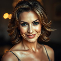 A stunning 50-year-old woman with a playful and sultry expression, looking directly at the camera