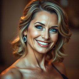 A stunning 50-year-old woman with a playful and sultry expression, looking directly at the camera