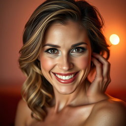 A stunning 50-year-old woman with a sultry and playful expression, looking directly at the camera