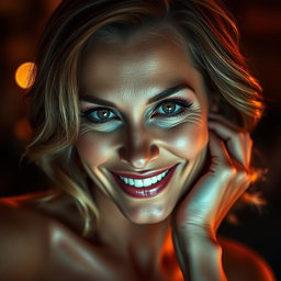 A stunning 50-year-old woman with a sultry and playful expression, looking directly at the camera
