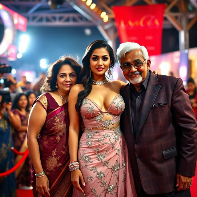 A glamorous Bollywood premiere scene featuring a sexy Bollywood actress in a breathtakingly revealing dress that accentuates her big boobs and cleavage
