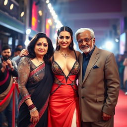 A glamorous Bollywood premiere scene featuring a sexy Bollywood actress in a breathtakingly revealing dress that accentuates her big boobs and cleavage