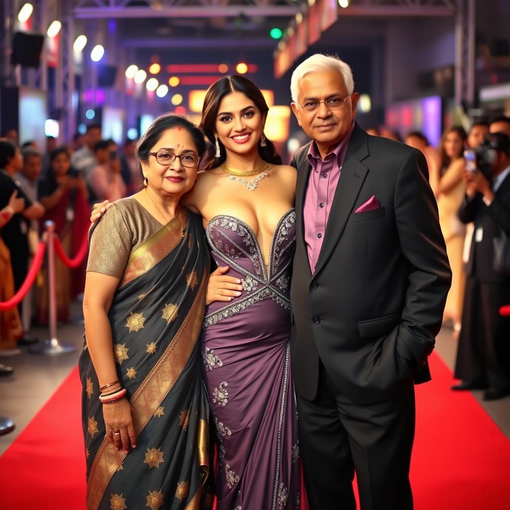 A glamorous Bollywood premiere scene featuring a sexy Bollywood actress in a breathtakingly revealing dress that accentuates her big boobs and cleavage