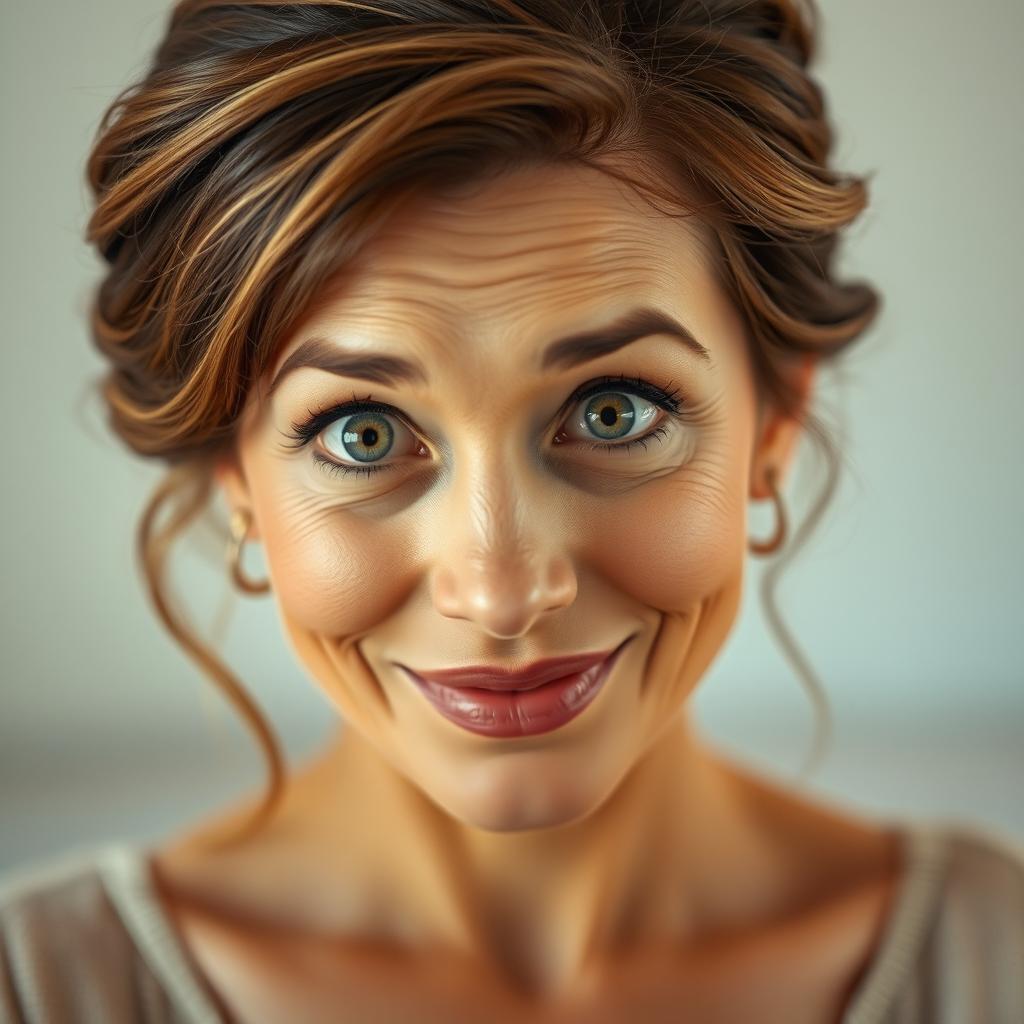 A beautiful 50-year-old woman with a look of surprise, gazing directly at the camera