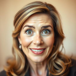 A beautiful 50-year-old woman with a look of surprise, gazing directly at the camera