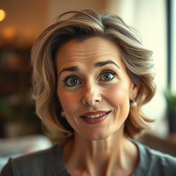 A beautiful 50-year-old woman with a look of surprise, gazing directly at the camera