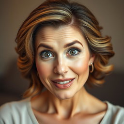A beautiful 50-year-old woman with a look of surprise, gazing directly at the camera