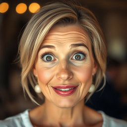 A beautiful 50-year-old woman with an expression of surprise, gazing directly at the camera