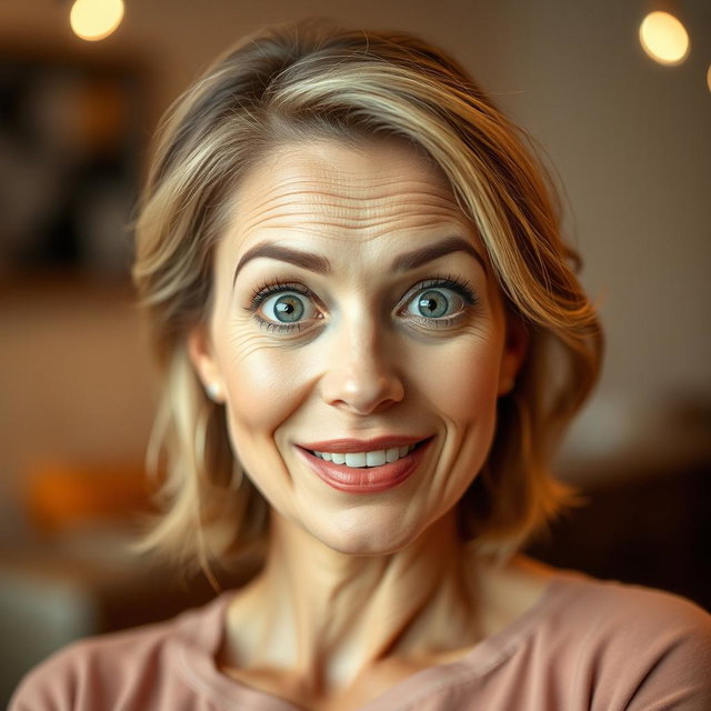 A beautiful 50-year-old woman with an expression of surprise, gazing directly at the camera