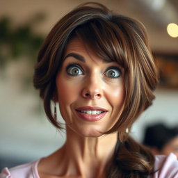 A beautiful 50-year-old woman with an expression of surprise, gazing directly at the camera