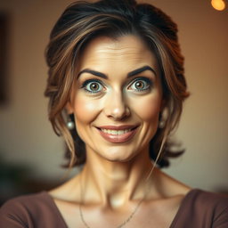 A beautiful 50-year-old woman with an expression of surprise, gazing directly at the camera