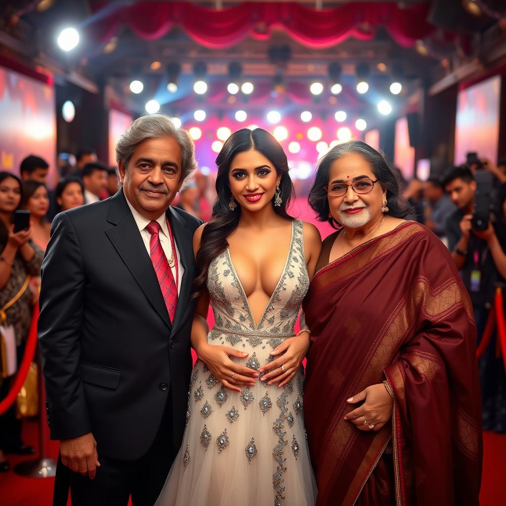 A glamorous Bollywood premiere scene showcasing a sexy Bollywood actress in a stunningly revealing dress that enhances her big boobs and cleavage