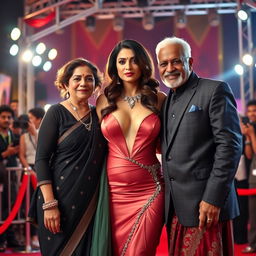 A glamorous Bollywood premiere scene showcasing a sexy Bollywood actress in a stunningly revealing dress that enhances her big boobs and cleavage
