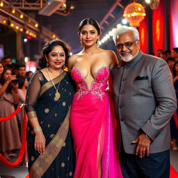 A glamorous Bollywood premiere scene showcasing a sexy Bollywood actress in a stunningly revealing dress that enhances her big boobs and cleavage
