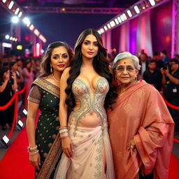 A glamorous Bollywood premiere scene showcasing a sexy Bollywood actress in a stunningly revealing dress that enhances her big boobs and cleavage