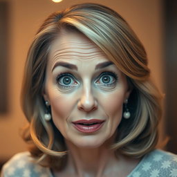A beautiful 50-year-old woman with an expression of surprise, looking directly at the camera