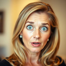 A beautiful 50-year-old woman with an expression of surprise, looking directly at the camera