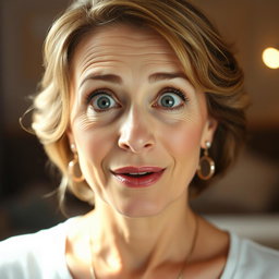 A beautiful 50-year-old woman with an expression of surprise, looking directly at the camera