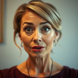 A beautiful 50-year-old woman with an expression of surprise, looking directly at the camera