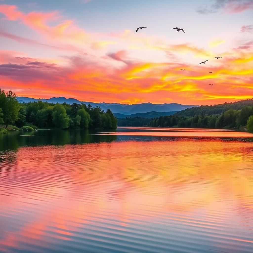 A scenic landscape view, featuring a vibrant sunset over a tranquil lake surrounded by lush green trees and distant mountains