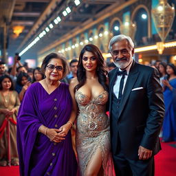 A dazzling Bollywood premiere scene featuring a sexy Bollywood actress wearing a revealing dress that beautifully accentuates her big boobs and cleavage