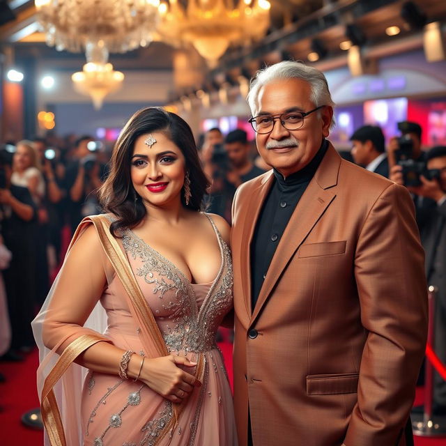 A dazzling Bollywood premiere scene featuring a sexy Bollywood actress wearing a revealing dress that beautifully accentuates her big boobs and cleavage