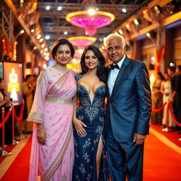 A dazzling Bollywood premiere scene featuring a sexy Bollywood actress wearing a revealing dress that beautifully accentuates her big boobs and cleavage