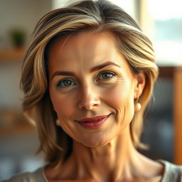 A beautiful 50-year-old woman looking directly at the camera in a natural pose