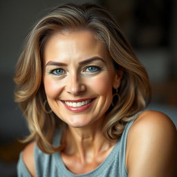 A beautiful 50-year-old woman looking directly at the camera in a natural pose