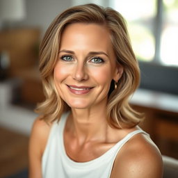 A beautiful 50-year-old woman looking directly at the camera in a natural pose