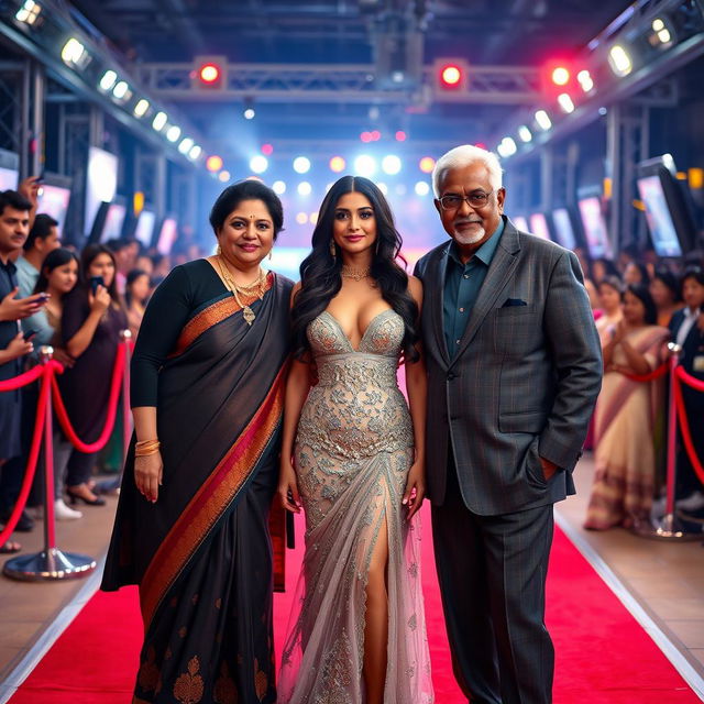 A captivating Bollywood premiere scene featuring a sexy Bollywood actress in a stunningly revealing dress that showcases her big boobs and prominent cleavage