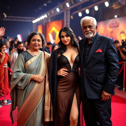 A captivating Bollywood premiere scene featuring a sexy Bollywood actress in a stunningly revealing dress that showcases her big boobs and prominent cleavage