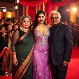 A captivating Bollywood premiere scene featuring a sexy Bollywood actress in a stunningly revealing dress that showcases her big boobs and prominent cleavage