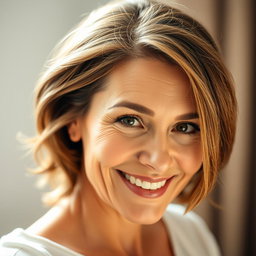 A beautiful 50-year-old woman looking directly at the camera in a natural and relaxed pose