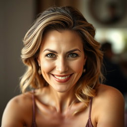 A beautiful 50-year-old woman looking directly at the camera in a natural and relaxed pose