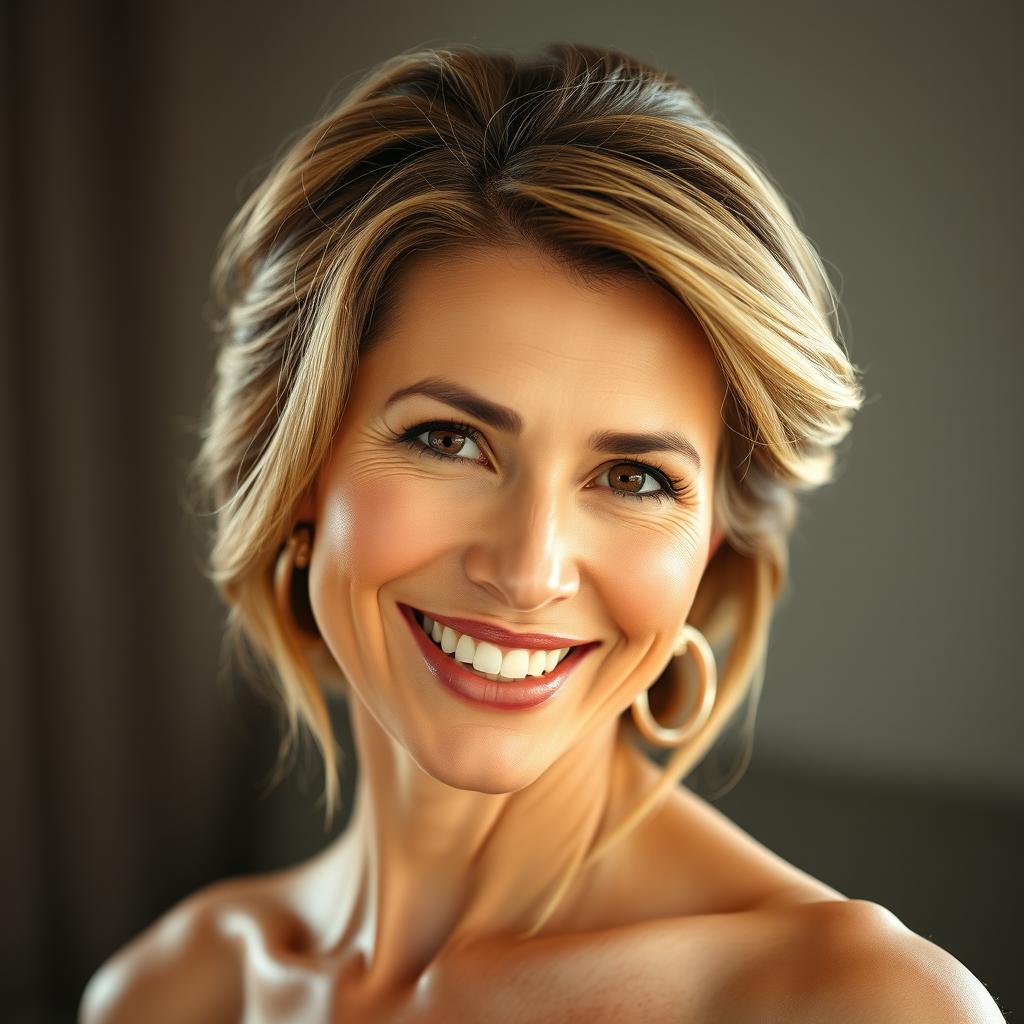 A beautiful 50-year-old woman looking directly at the camera in a natural and relaxed pose
