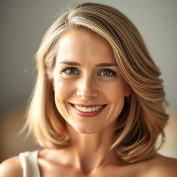 A beautiful 50-year-old woman looking directly at the camera in a natural and relaxed pose