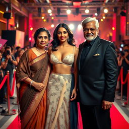 An extravagant Bollywood premiere scene showcasing a sexy Bollywood actress in a revealing bikini blouse gown that highlights her big boobs and cleavage