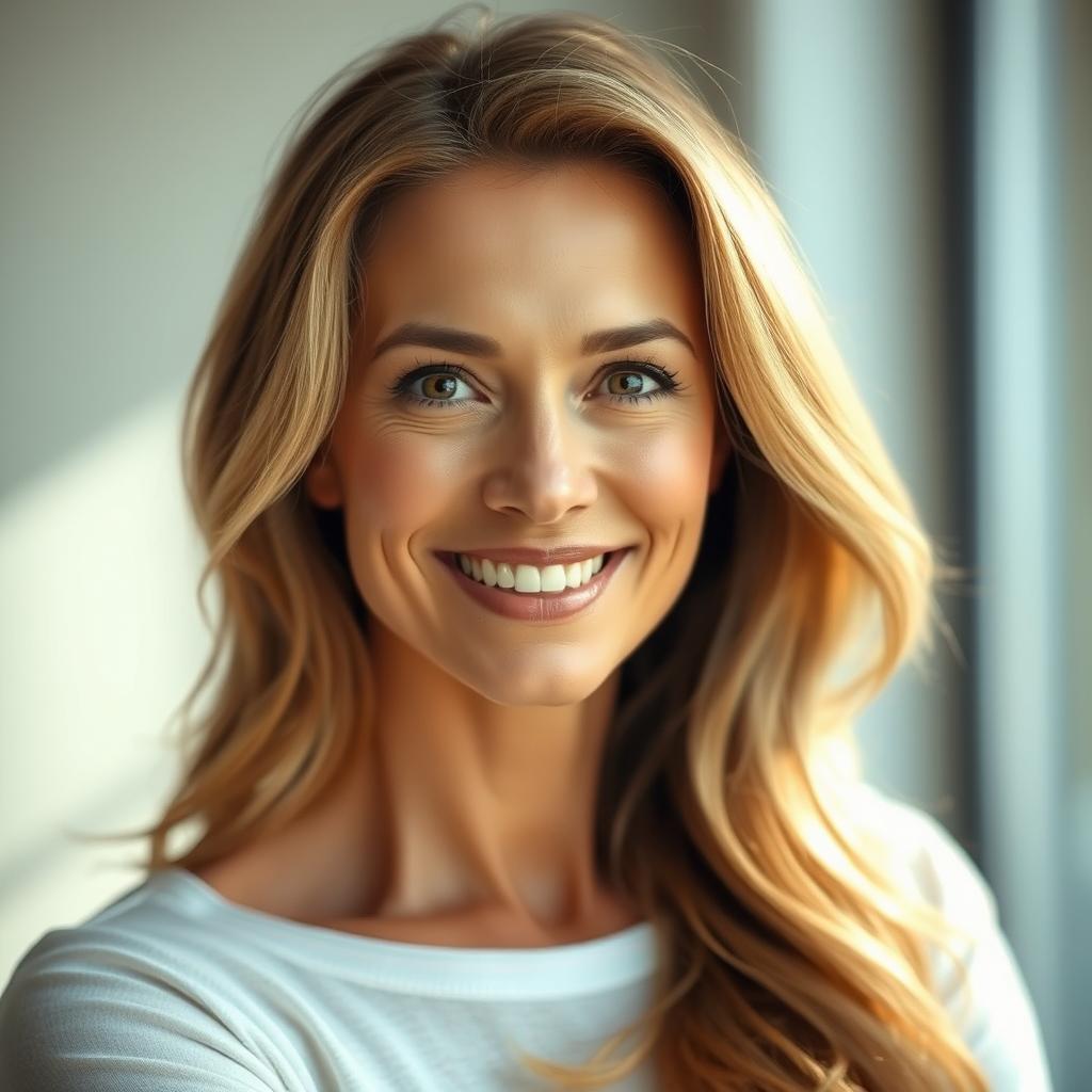 A gorgeous 50-year-old woman facing the camera with a natural and relaxed demeanor