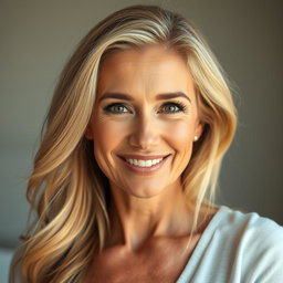 A gorgeous 50-year-old woman facing the camera with a natural and relaxed demeanor